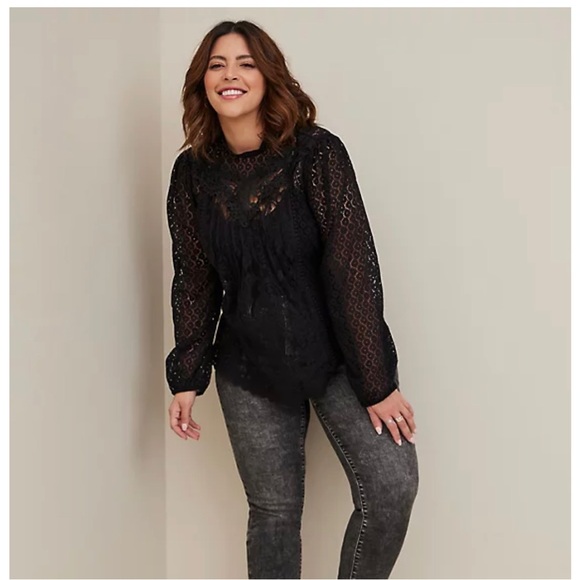 torrid Tops - TORRID Black MIXED LACE HIGH NECK TOP blouse SZ LG without undershirt
